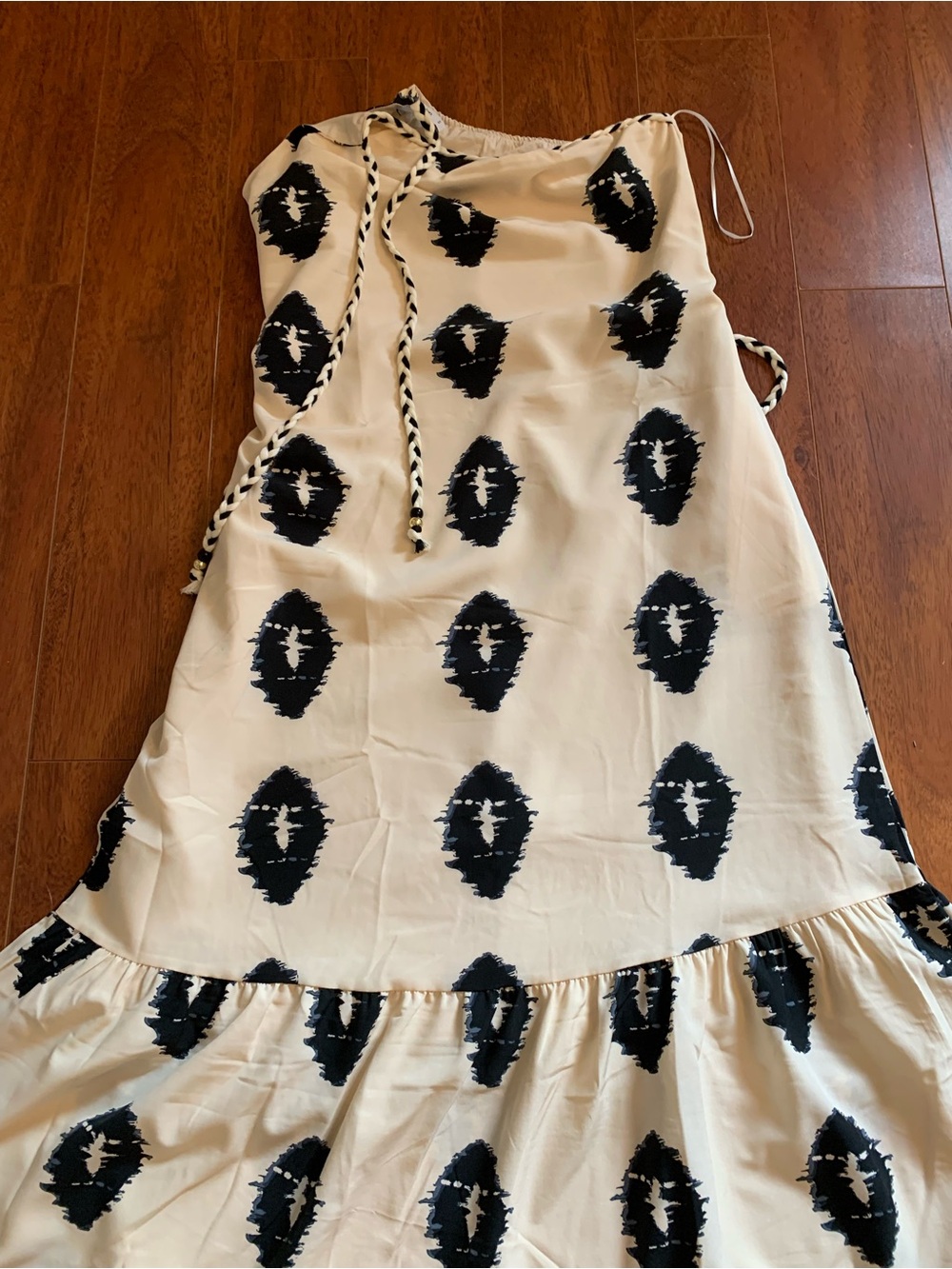 Cream Maxi Dress with Black Ikat Print and Braided Ties